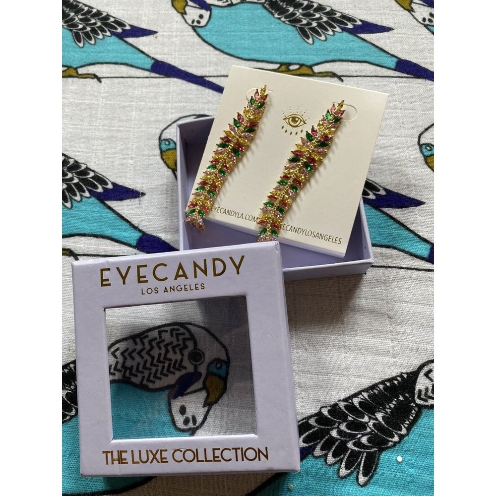 Brand New In Box Eye Candy Luxe Collection Earrings Feather Cubic Zirconia 3.5”